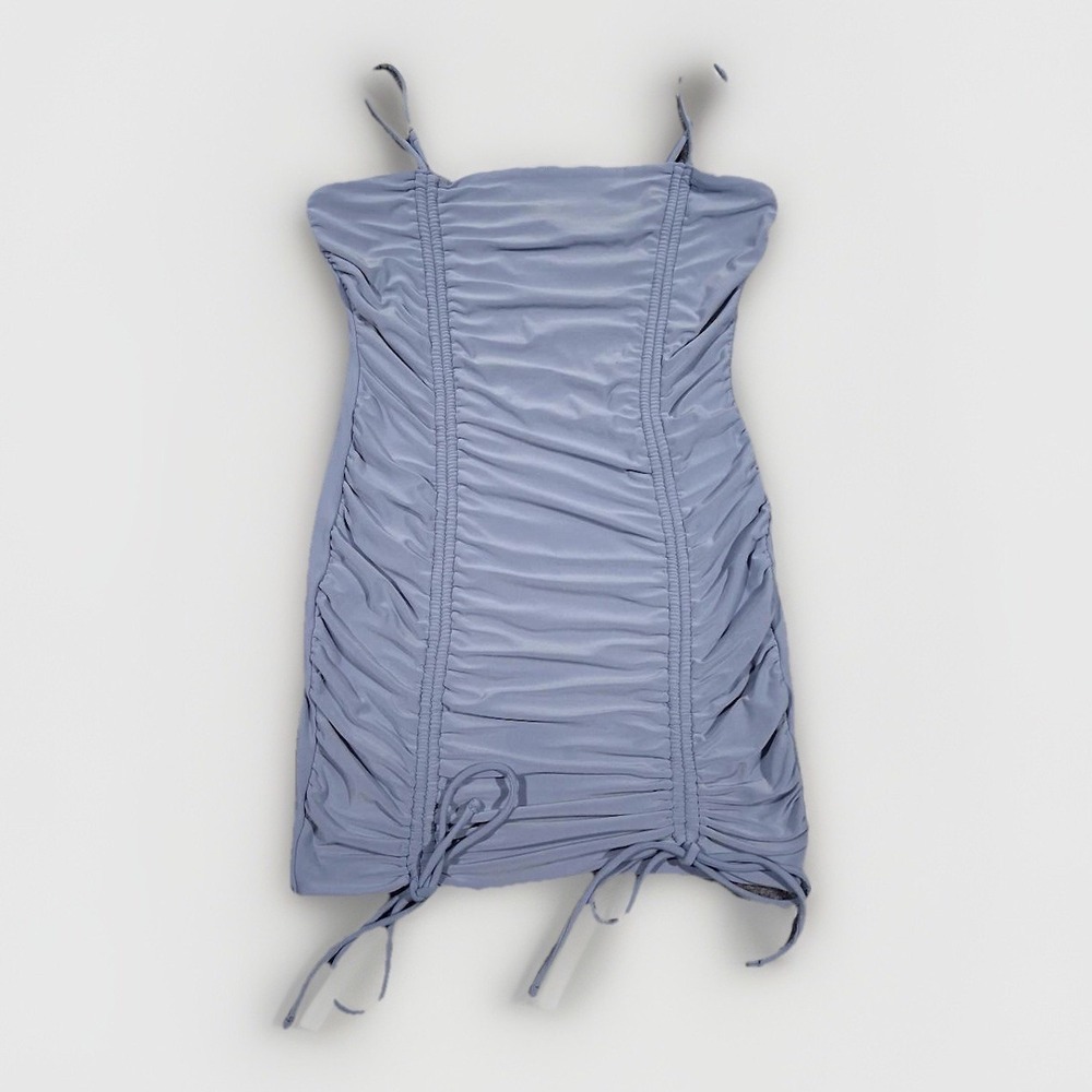 IRIS Women Dusty Blue Ruched Bodycon Mini Dress Large Spaghetti Strap Drawstring